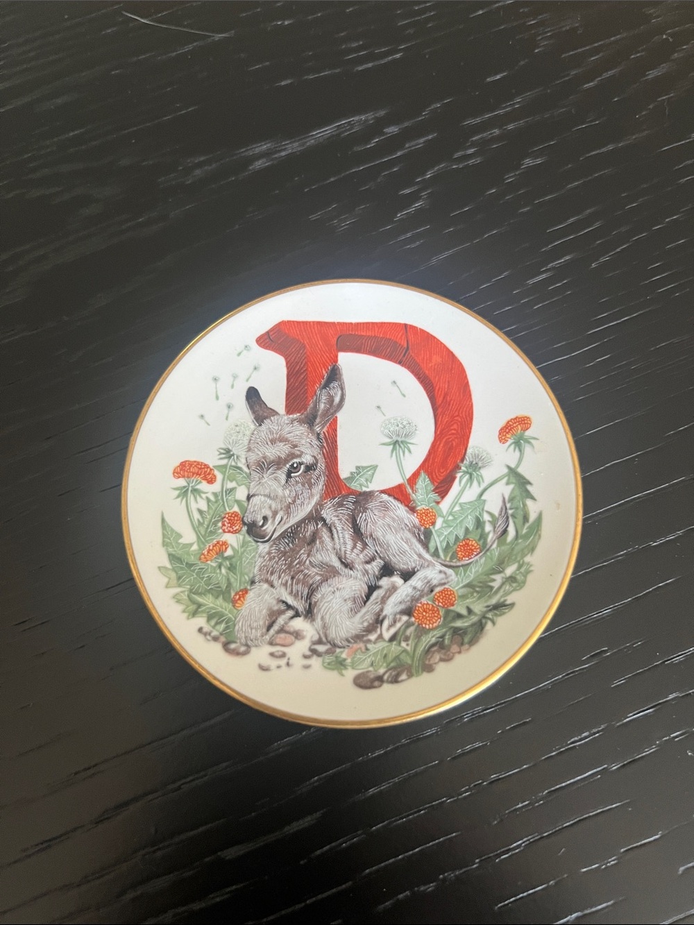 Franklin Mint Round Porcelain Mini Plate with Donkey and Red Letter D